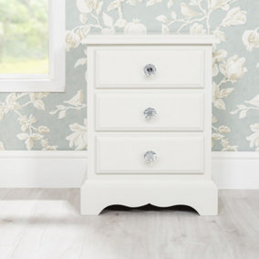 Romance Antique White 3 Drawer French Style Bedside Table with Crystal Handles
