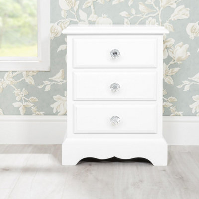 Romance True White 3 Drawer French Style Bedside Table with Crystal Handles