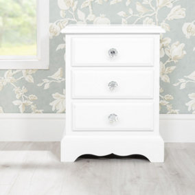 Romance True White 3 Drawer French Style Bedside Table with Crystal Handles
