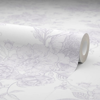 Romantic Roses Wallpaper in Lavender on White