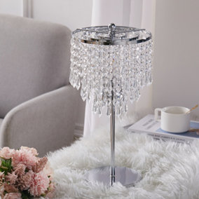 Romantic Small Silver 3 Tier Crystal Table Lamp with Round Base