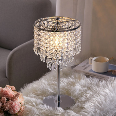 Romantic Small Silver 3 Tier Crystal Table Lamp with Round Base