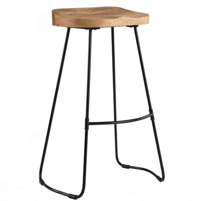 Romboss Armless Kitchen Breakfast Dining Handmade Saddle Seat Barstool Solid Mango Wood Bar Stool With Black Leg