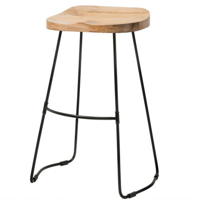 Romboss Saddle Seat Counter Bar Stool Solid Wood Natural Counter Stool Kitchen Breakfast Counter Height Stool Black Metal Stool