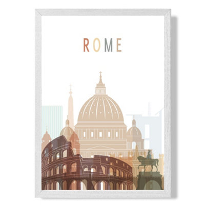 Rome Colourful City Skyline Art Print with White Frame SIZE: A4
