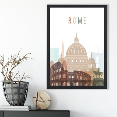 Rome Colourful City Skyline Framed Print SIZE: A3 with Black Frame