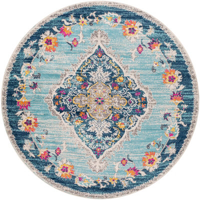 ROMY Round Vintage Traditional Oriental Boho Blue Area Rug 200 x 200 cm