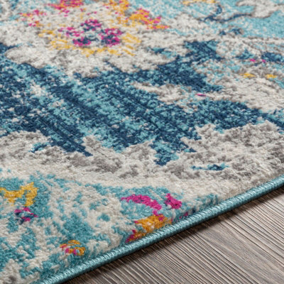 ROMY Round Vintage Traditional Oriental Boho Blue Area Rug 200 x 200 cm