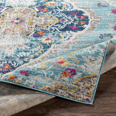 ROMY Round Vintage Traditional Oriental Boho Blue Area Rug 200 x 200 cm