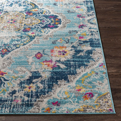 ROMY Round Vintage Traditional Oriental Boho Blue Area Rug 200 x 200 cm