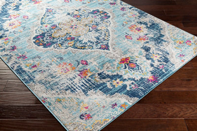 ROMY Round Vintage Traditional Oriental Boho Blue Area Rug 200 x 200 cm
