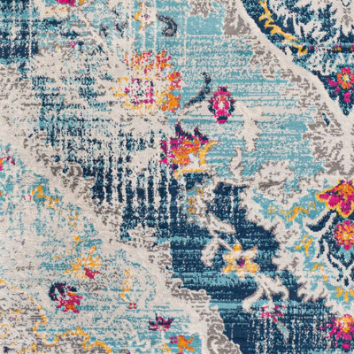 ROMY Round Vintage Traditional Oriental Boho Blue Area Rug 200 x 200 cm
