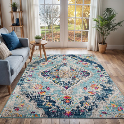 ROMY Vintage Traditional Oriental Boho Blue Area Rug 160 x 215 cm