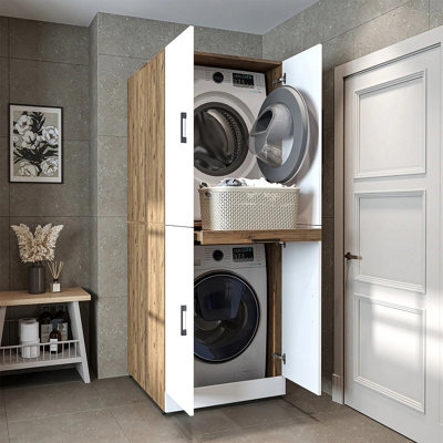 ROOMART Dora - Armoire De Machine à Laver - Blanc, Chêne - 4