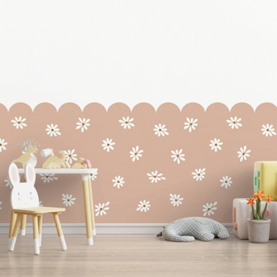 Roomblush Scallop Edge Daisy flowers Eco 4 Lane Repeatable Wallpaper Mural 200 x 285cm, Pink