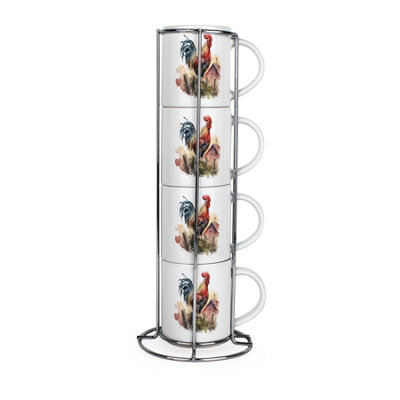 Rooster Stacking Mugs Set - Countryside Farm Animals - Set of 4 Ceramic ...