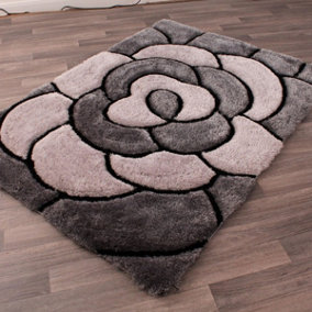 Rose Charcoal Shaggy Sparkle Easy to Clean Floral Optical/ (3D) Rug For Dining Room Bedroom And Living Room-60cm X 110cm