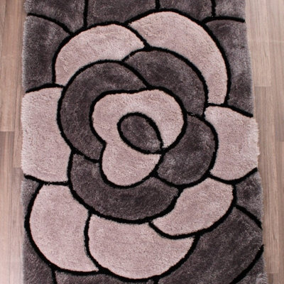 Rose Charcoal Shaggy Sparkle Easy to Clean Floral Optical/ (3D) Rug For Dining Room Bedroom And Living Room-60cm X 110cm