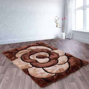 Rose Chocolate Shaggy Floral Modern Easy to clean Rug for Dining Room Bed Room and Living Room-120cm X 170cm