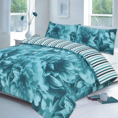 Rose Floral Duvet Cover Set Flowers Reversible Stripe Printed Bedding Set