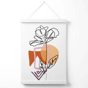 Rose Floral Line Art with Boho Purple and Orange Shapes Poster with Hanger / 33cm / White