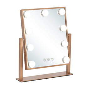 Rose Gold 360 degree Rotation Tabletop Hollywood Vanity Makeup Mirror with 9 LED Bulbs Dimmable Touch Control