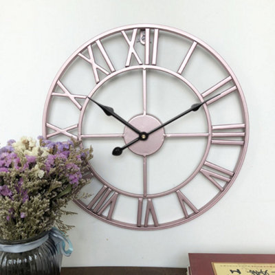 Rose Gold Antique Metal Oversized Decorative Skeleton Wall Clock with Roman Numerals 60 cm