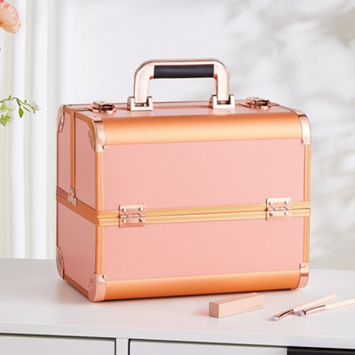 Rose Gold Cosmetic Box 4 Trays with Compartments Professional Makeup Box Storage Organizer Case