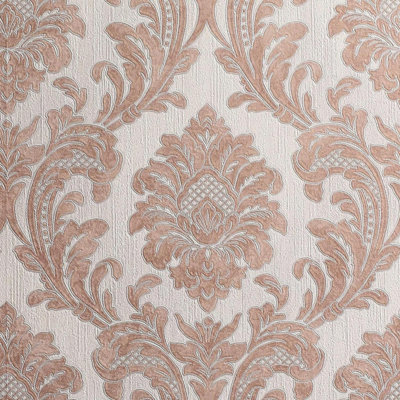 Rose Gold Damask Wallpaper Textured Heavyweight Vinyl Metallic Cream Glitter