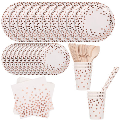 Rose Gold Polka Dot Party Tableware Disposable Dinnerware Set - White