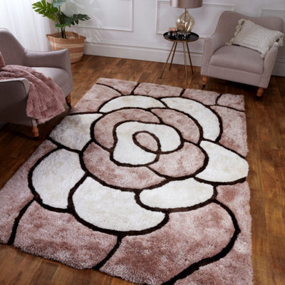 Rose Natural Shaggy Sparkle Easy to Clean Floral Optical/ (3D) Rug For Dining Room Bedroom And Living Room-60cm X 110cm