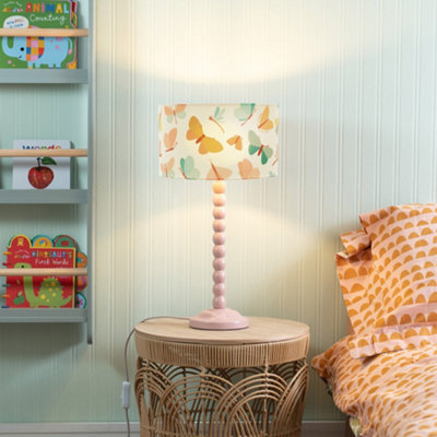 Rose Pink Bobbin Stem Table Lamp with Butterfly Drum Shade for Living Room Bedroom - LED Bulb Included
