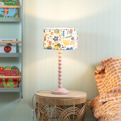 Rose Pink Bobbin Stem Table Lamp with Jungle Drum Shade for Living Room Bedroom - LED Bulb Included