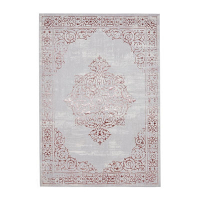 Rose Silver Traditional Bordered Abstract Easy To Clean Dining Room Bedroom & Living Room Rug-80cm X 150cm