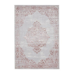 Rose Silver Traditional Bordered Abstract Easy To Clean Dining Room Bedroom & Living Room Rug-80cm X 150cm