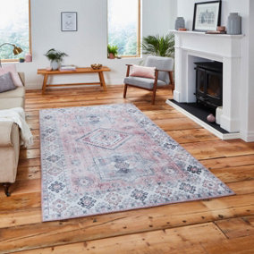 Rose Traditional Bordered Geometric Persian Rug for Living Room, Bedroom and Dining Room-120cm X 170cm