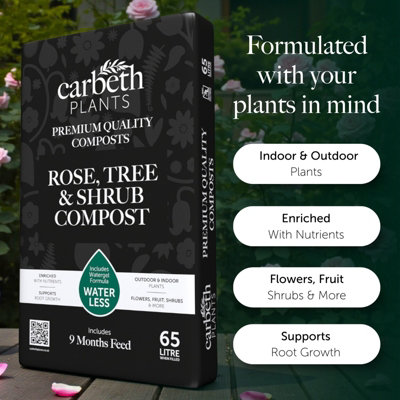 Rose, Tree & Shrub Compost with 9 Month Feed - 65L - Water Less Formula ...