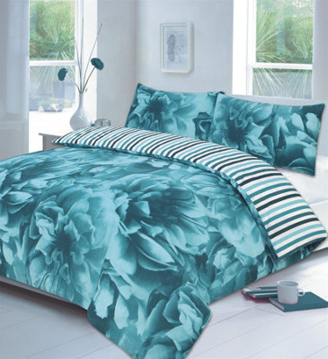 Roses Teal Duvet Cover Set, Size Double