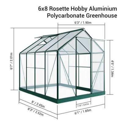 Rosette Hobby Aluminium Polycarbonate Greenhouse - 6x8 - 4