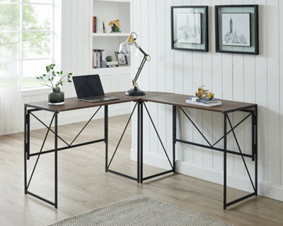 Ross Computer Desk Corner L-Shaped Home Office Workstation PC Table Study  Gaming Natural Wood Effect Table Top Black Metal Frame | DIY at B&Q