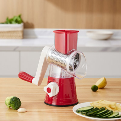 Rotary Cheese Grater, Manual Round Mandoline Vegetable Slicer with 3 Interchangeable Blades Set, Red