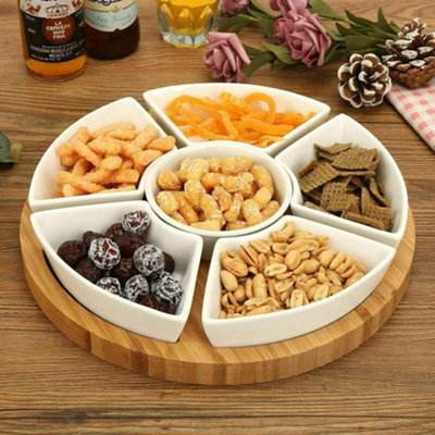 DISH// セット Rotating Bamboo Lazy Susan Dip Set with 6 Ceramic Dishes Serving