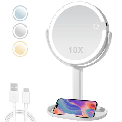 Rotating Rechargeable LED Makeup Mirror with 10X Magnification and Three Color Lights Adjustable Brightness Vanity Mirror White
