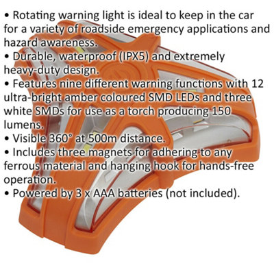 Rotating Warning / Emergency Light & Torch - Magnetic or Hook Mount - 12 SMD LED