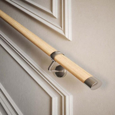 Rothley Wooden Stair Handrail Kit 3.6m, Pine with polished silver, Easy Install, Elegant Design, Includes Brackets & 2 x end Cap