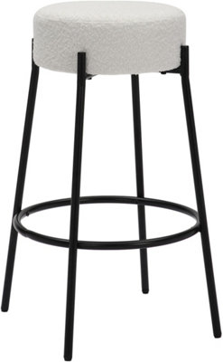 Rotonda Bouclé Kitchen Bar Stools, Single, Fixed Height Metal Legs With Footrest, Breakfast Bar Stool - White