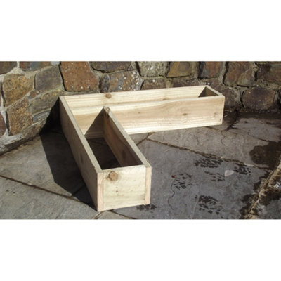 Rough Sawn Wooden Corner Shaped Garden Trough Planter - 100cm x 100cm