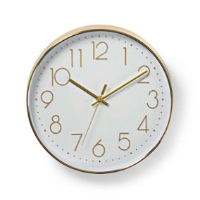 Round 30cm Wall Clock Quartz Battery Operated Easy to Read Analogue Gold & White