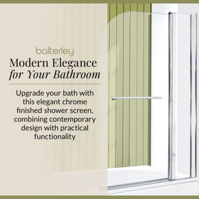 Round 6mm Toughened Safety Glass Reversible Shower Bath Screen with Fixed Panel and Towel Rail - Chrome - Balterley