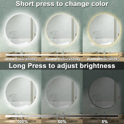 Round Backlit LED Bathroom Mirror with Lights 3 Colour, Anti-fog Touch ...